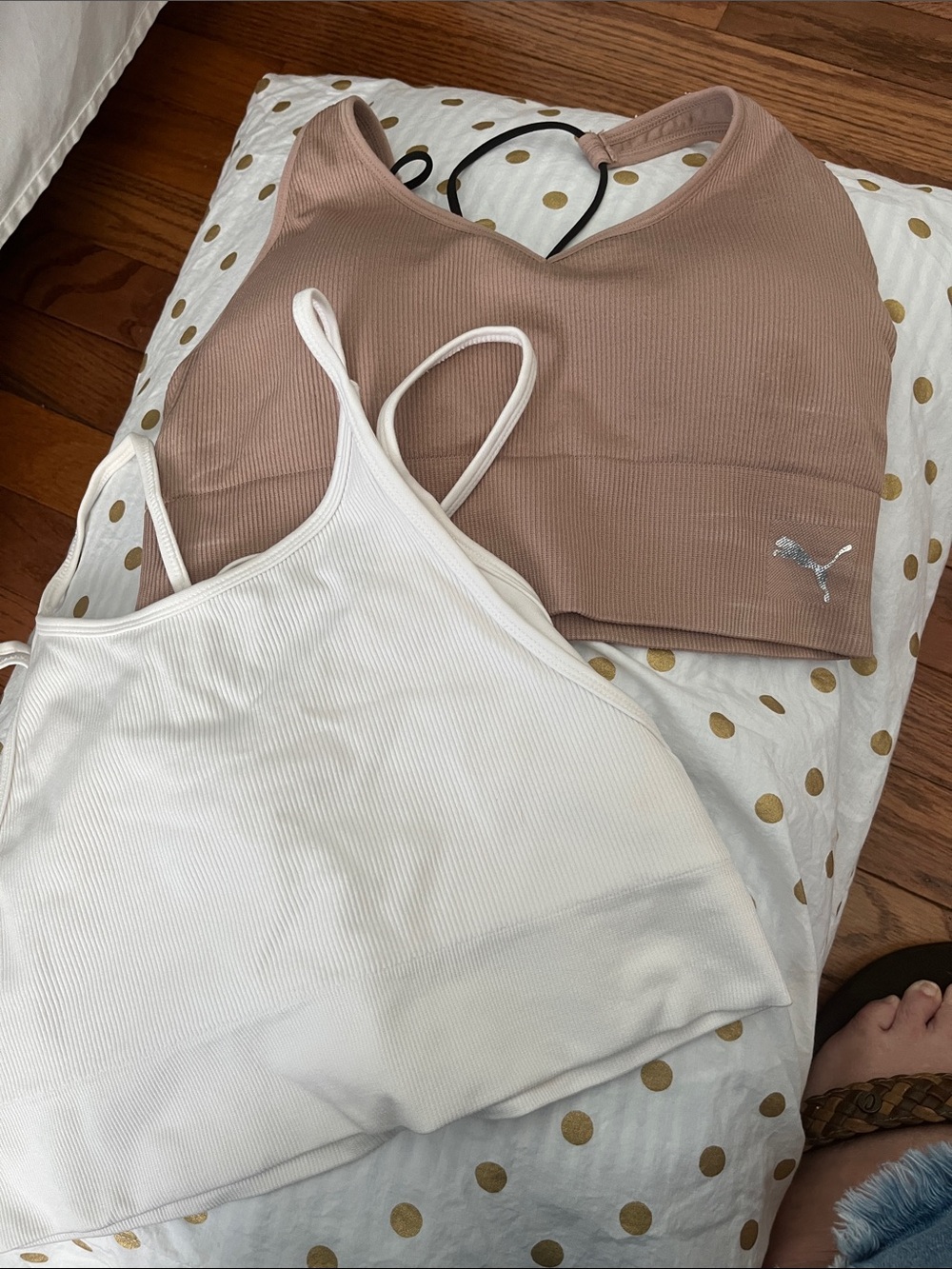 PUMA Ribbed Scoop-Back Bralette – Taupe & White 90 Degrees Sports Bra
